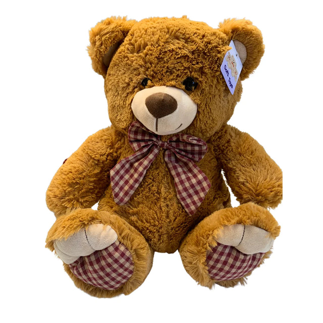 Teddie Sitting Brown Bear 36cm plush teddy bear with brown fur and red check bow
