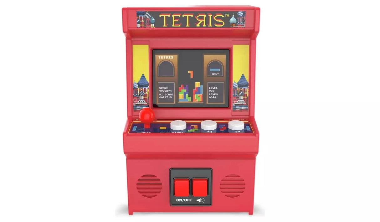 Tetris Classics Retro Mini Arcade Machine front view showing red cabinet, Tetris branding, colour screen with Tetris gameplay in progress, red joystick and three white action buttons