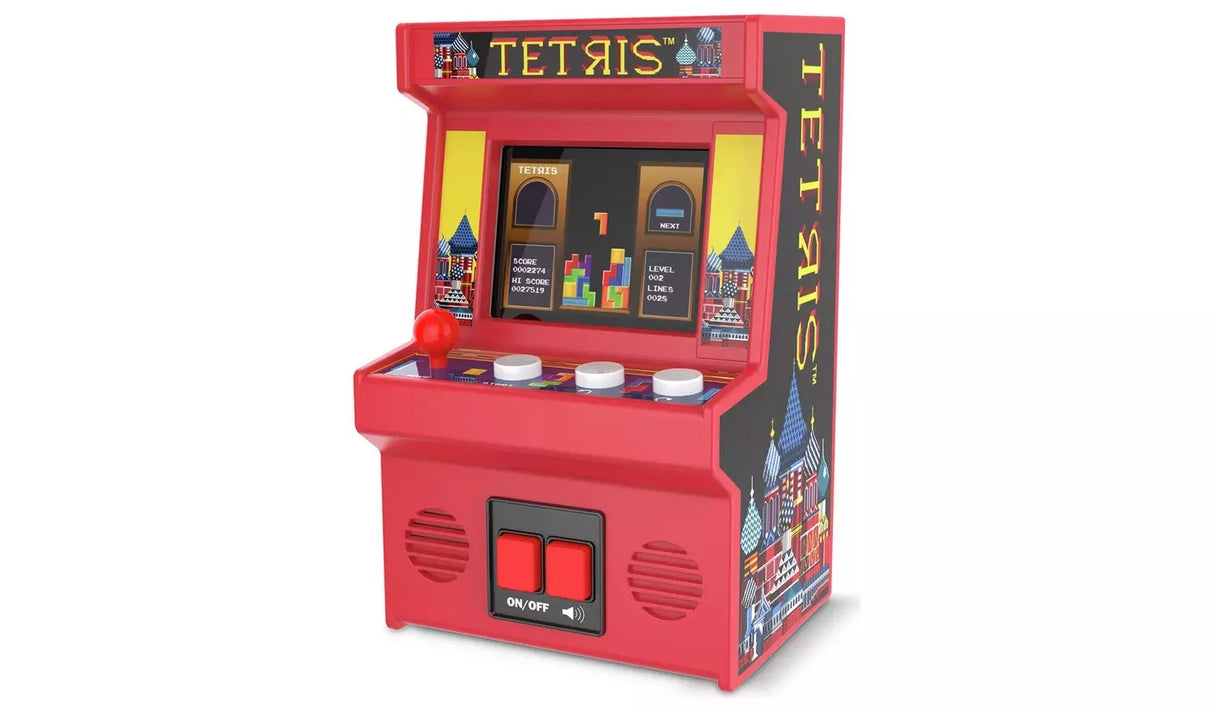 Tetris Classics Retro Mini Arcade Machine three-quarter view showing red cabinet with Tetris header, colour screen displaying gameplay, red joystick, three white action buttons and on/off controls