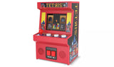 Tetris Classics Retro Mini Arcade Machine three-quarter view showing red cabinet with Tetris header, colour screen displaying gameplay, red joystick, three white action buttons and on/off controls