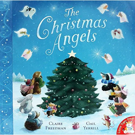 Front cover of The Christmas Angels storybook showing woodland animals decorating a Christmas tree