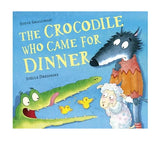 Cover artwork of The Crocodile Who Came for Dinner with cartoon jungle animals and the crocodile character Omelette in the foreground