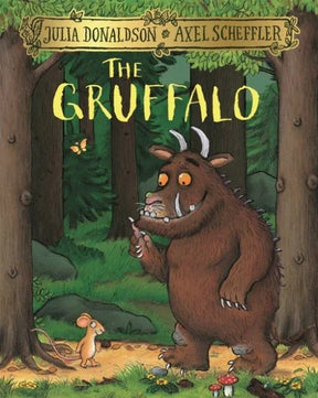 The Gruffalo book cover with the Gruffalo and mouse standing in the deep dark wood in Ireland