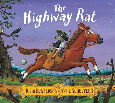 Storybook cover of The Highway Rat with the rat galloping on his horse across the countryside in Ireland
