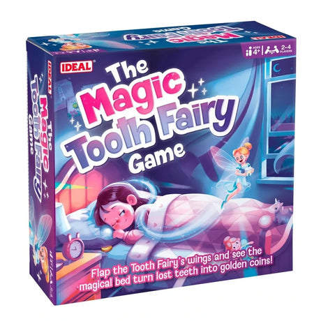 The Magic Tooth Fairy Game box angled left showing the Tooth Fairy, sleeping child and golden coin artwork