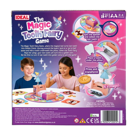 Back of The Magic Tooth Fairy Game box showing gameplay steps, contents, 2 to 4 players and barcode