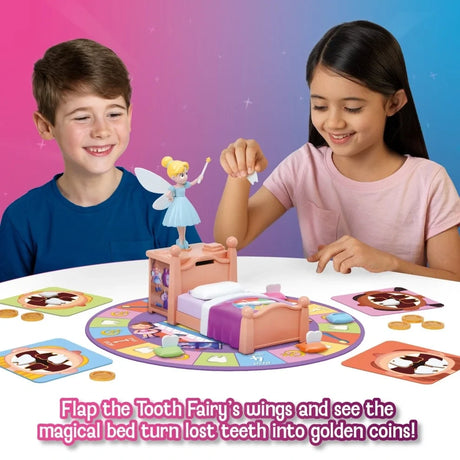 Two children playing The Magic Tooth Fairy Game with the Magic Bed, Tooth Fairy, game board and golden coins