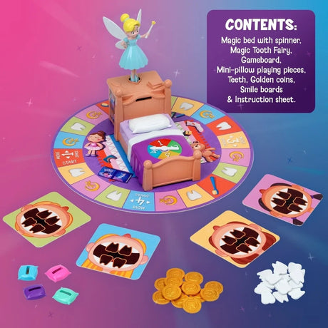 The Magic Tooth Fairy Game contents with magic bed, Tooth Fairy, game board, pillow playing pieces, teeth, golden coins and smile boards