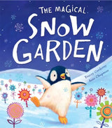 The Magical Snow Garden book cover illustration featuring penguin surrounded by bright paper flowers