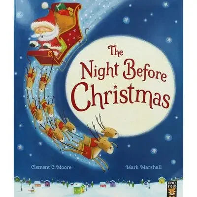 Front cover of The Night Before Christmas book by Clement C. Moore illustrated by Mark Marshall showing Santa flying in his sleigh