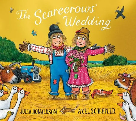Storybook cover of The Scarecrows’ Wedding with two scarecrows holding hands surrounded by farm animals in Ireland