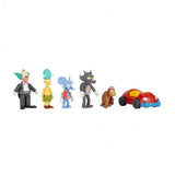 Krusty, Sideshow Mel, Itchy, Scratchy and Mojo figures lined up beside the clown car