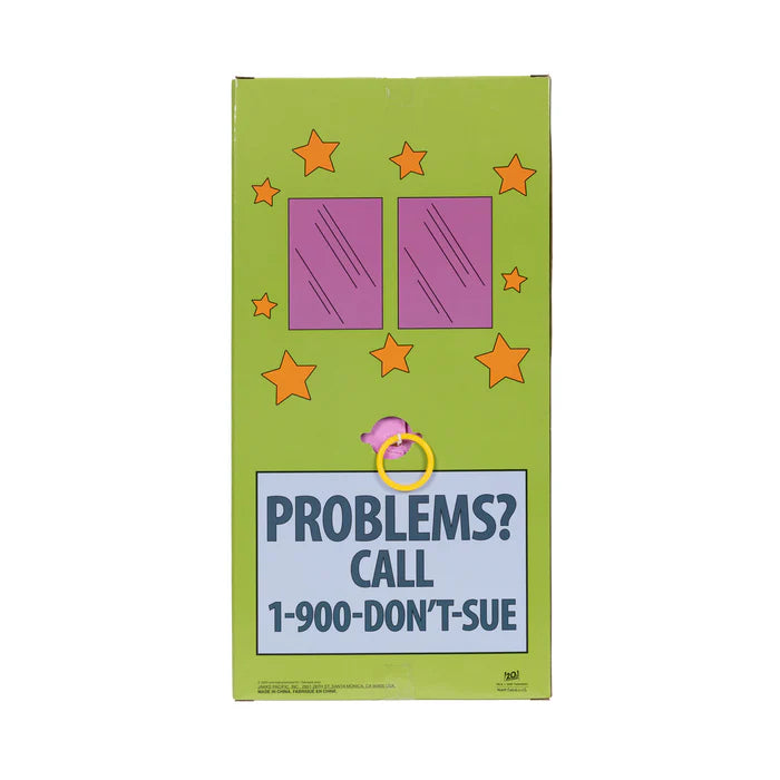 Back of The Simpsons Talking Krusty Doll packaging with pull ring and Problems? Call 1-900-DON'T-SUE text
