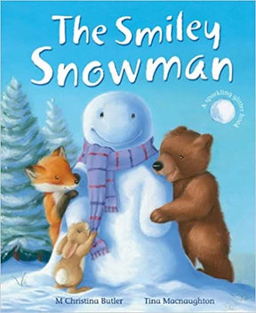 Cover of The Smiley Snowman picture book showing bear, fox, and rabbit hugging their smiling snowman