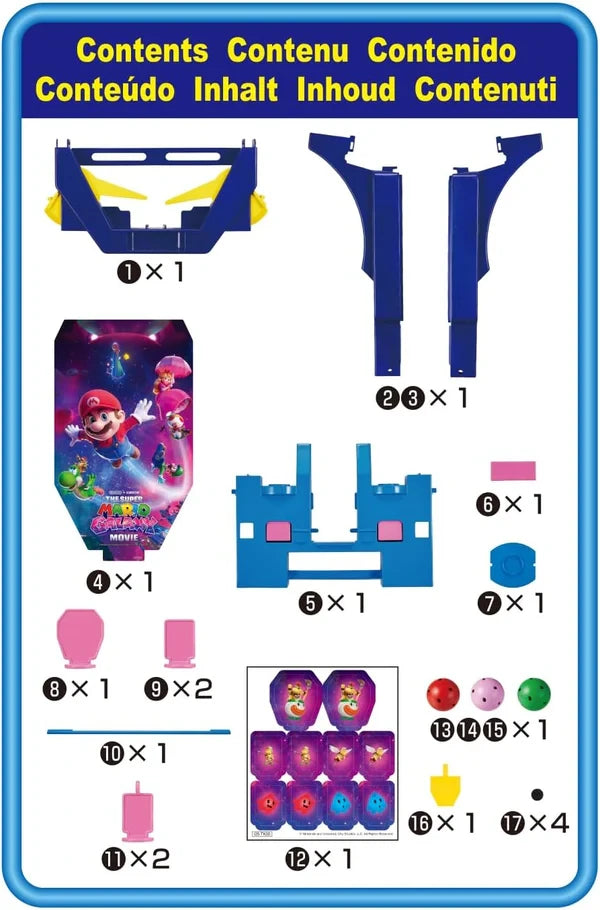The Super Mario Galaxy Movie Battle Pinball Galaxy contents shown laid out with game board parts, balls, targets and stickers