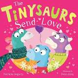 The Tinysaurs Send Love front cover with three cartoon dinosaurs on a pink background