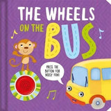 The Wheels on the Bus sound book front cover showing the red sound button and yellow bus