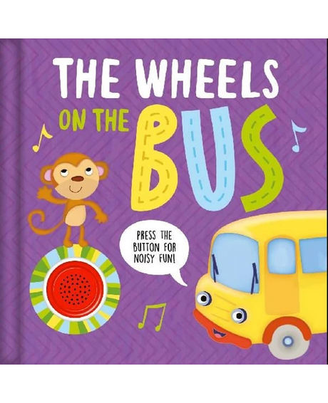 The Wheels on the Bus sound book cover with monkey, yellow bus and red button