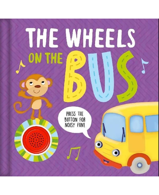 The Wheels on the Bus sound book cover with monkey, yellow bus and red button