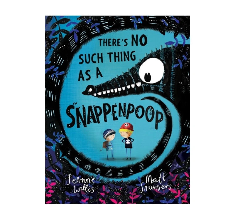 Cover artwork of There’s No Such Thing as a Snappenpoop with a dark curled creature framing the title text and two children beneath it in a night time forest scene