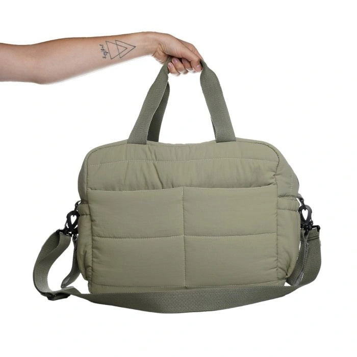 Thermobaby Pluméa Cactus Green changing bag showing the back, handles and shoulder strap