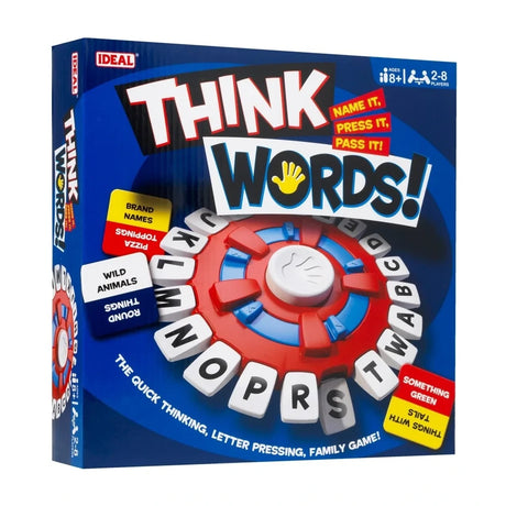 Think Words game box shown at an angle with the red letter wheel, category cards and ages 8+ marking