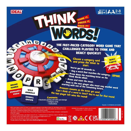 Back of the Think Words game box showing the letter wheel, category cards, game instructions and 2 to 8 player information