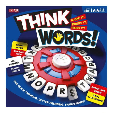 Front of the Think Words game box with the red letter wheel and category cards for Brand Names, Wild Animals and Something Green 