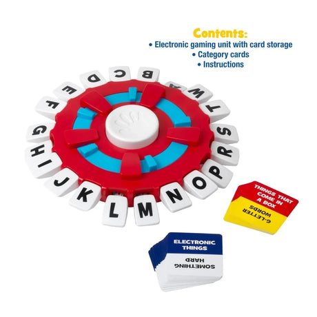 Think Words electronic game unit with letter buttons and category cards showing examples such as Electronic Things and Something Hard