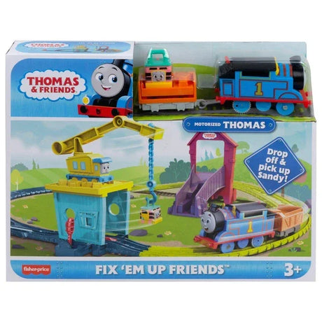Thomas And Friends Fix Em Up Friends motorised playset box featuring Thomas, Carly the Crane, Sandy and the full track set