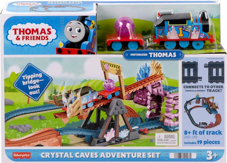 Thomas & Friends Crystal Caves Adventure Set box showing motorised Thomas, bridge, crystal cargo and 3 plus age mark