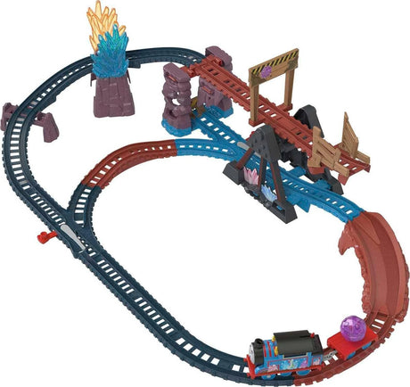 Thomas & Friends Crystal Caves Adventure Set track layout with Thomas engine, cargo car, bridge and crystal pieces