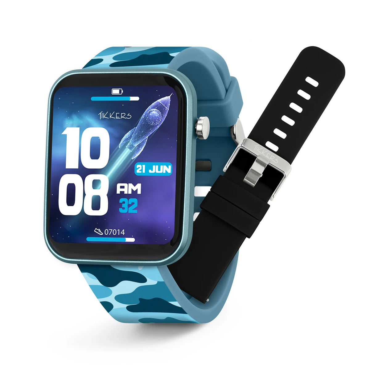 Tikkers Series 13 smartwatch with blue camouflage silicone strap, turquoise case, rocket watch face and separate black strap with silver buckle.