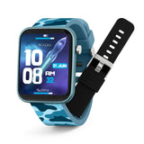Tikkers Series 13 smartwatch with blue camouflage silicone strap, turquoise case, rocket watch face and separate black strap with silver buckle.