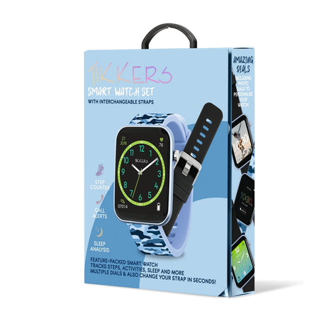 Tikkers Smart Watch Set in light blue retail packaging showing the blue camouflage smartwatch, interchangeable black strap and printed activity tracking features.