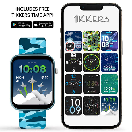 Tikkers blue camouflage smartwatch displayed beside a smartphone showing the Tikkers Time app and twelve different digital and analogue watch face designs.