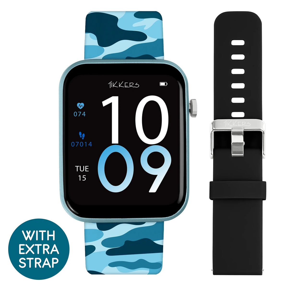 Front of Tikkers Series 13 smartwatch with blue camouflage strap and large digital time display, beside the separate black silicone strap with silver buckle.