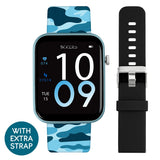 Front of Tikkers Series 13 smartwatch with blue camouflage strap and large digital time display, beside the separate black silicone strap with silver buckle.