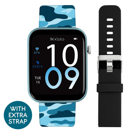 Front of Tikkers Series 13 smartwatch with blue camouflage strap and large digital time display, beside the separate black silicone strap with silver buckle.