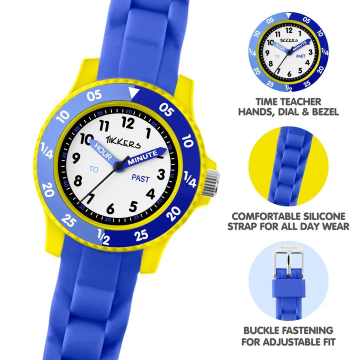 Tikkers Blue Silicone Time Teacher Watch showing time teacher hands, numbered dial, silicone strap and buckle fastening