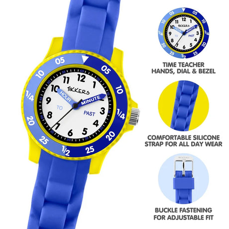 Tikkers Blue Silicone Time Teacher Watch showing time teacher hands, numbered dial, silicone strap and buckle fastening