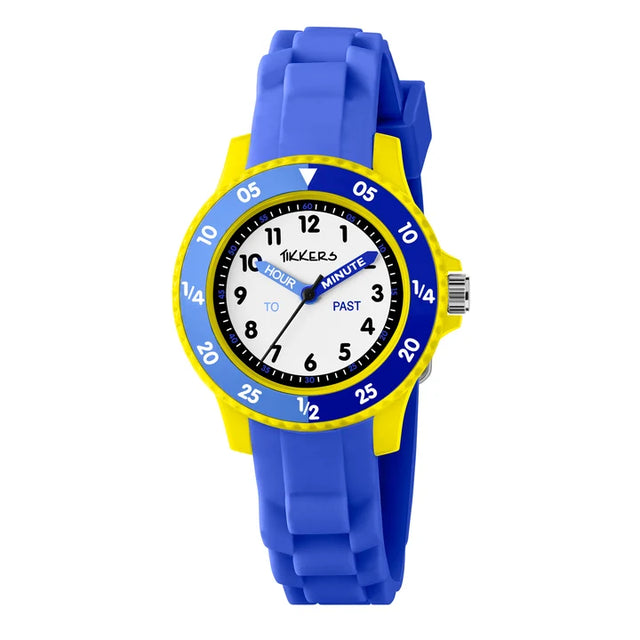 Tikkers Blue Silicone Time Teacher Watch front view with blue strap, yellow case and easy read analogue teaching dial