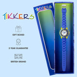 Tikkers Blue Silicone Time Teacher Watch presented in branded gift box with two year guarantee graphic