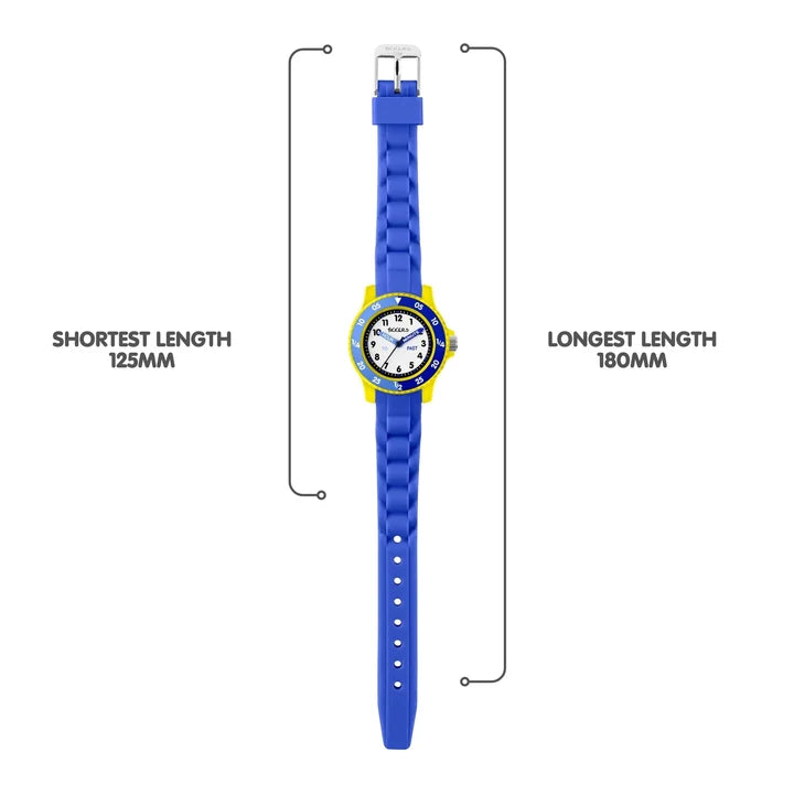 Tikkers Blue Silicone Time Teacher Watch full strap view showing adjustable length from 125 mm to 180 mm
