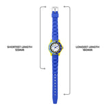 Tikkers Blue Silicone Time Teacher Watch full strap view showing adjustable length from 125 mm to 180 mm