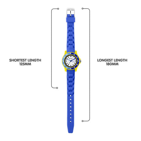 Tikkers Blue Silicone Time Teacher Watch full strap view showing adjustable length from 125 mm to 180 mm