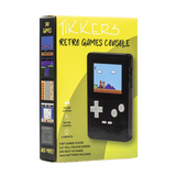 Tikkers Retro Games Console box with black handheld console image and yellow packaging