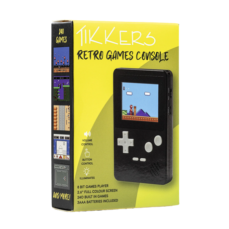 Tikkers Retro Games Console box with black handheld console image and yellow packaging