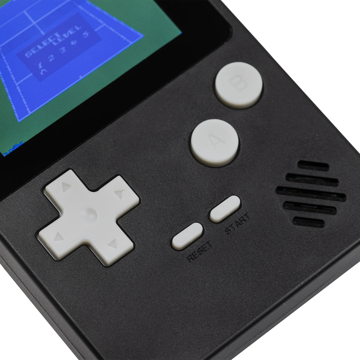 Close up of the Tikkers Handheld Console buttons, screen and speaker grille