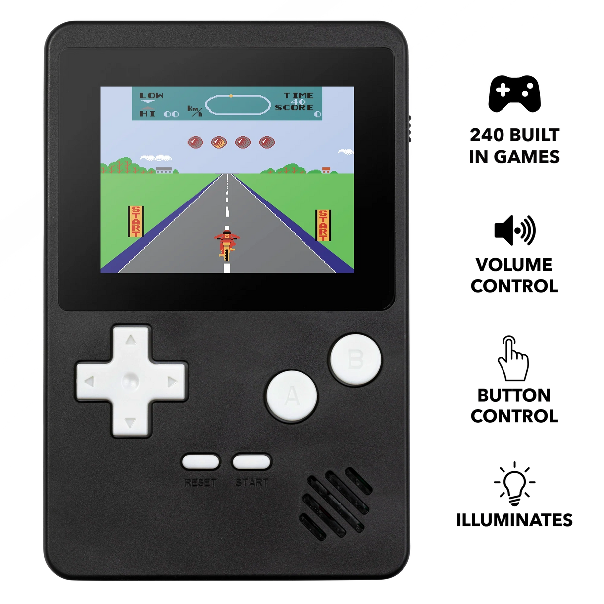 Tikkers Handheld Console showing built in games, volume control, button control and light feature icons